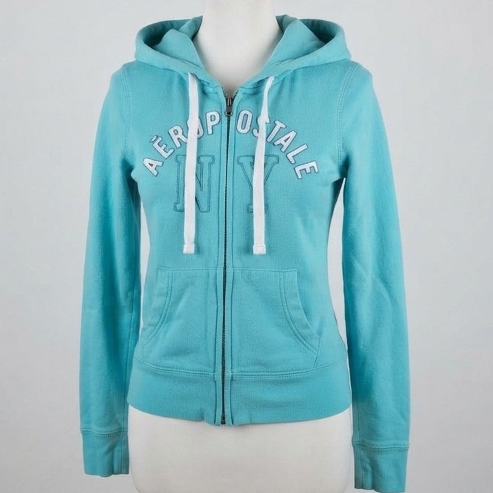Vintage Y2K Aeropostale Womens XXL Turquoise Blue Full Zip Hoodie NY Sweatshirt